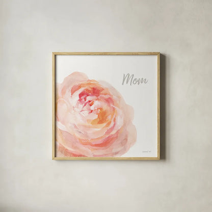 Garden Rose on White Crop II Mom by Danhui Nai. Shown in a natural wood glass frame for a timeless modern aesthetic. Available as an archival giclee rolled canvas, fine art paper, or poster print. SKU 41682a.