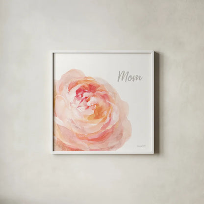 Garden Rose on White Crop II Mom by Danhui Nai. Shown in a crisp white glass frame for a clean and minimalist style. Available as an archival giclee rolled canvas, fine art paper, or poster print. SKU 41682a.