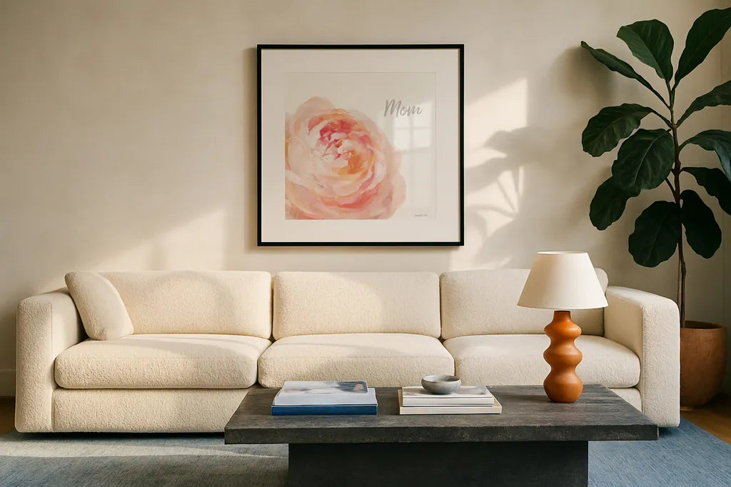 Garden Rose on White Crop II Mom by Danhui Nai. Displayed in a glass frame with matte in a clean modern living room. Available as an archival giclee rolled canvas, fine art paper, or poster print. SKU 41682a.