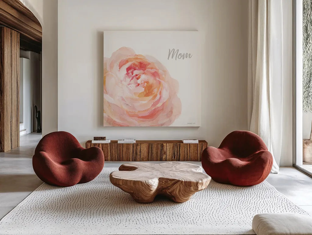 Garden Rose on White Crop II Mom by Danhui Nai. Shown as extra-large giant wall art in a modern living room. Available as an archival giclee rolled canvas, fine art paper, or poster print. SKU 41682a.