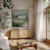 Garden View I by Danhui Nai. Shown in a natural wood frame in a cozy modern living room. Available as an archival giclee rolled canvas, fine art paper, or poster print. SKU 93393a.