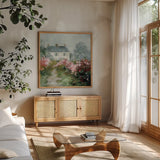 Garden View II by Danhui Nai. Shown in a natural wood frame in a cozy modern living room. Available as an archival giclee rolled canvas, fine art paper, or poster print. SKU 93394a.
