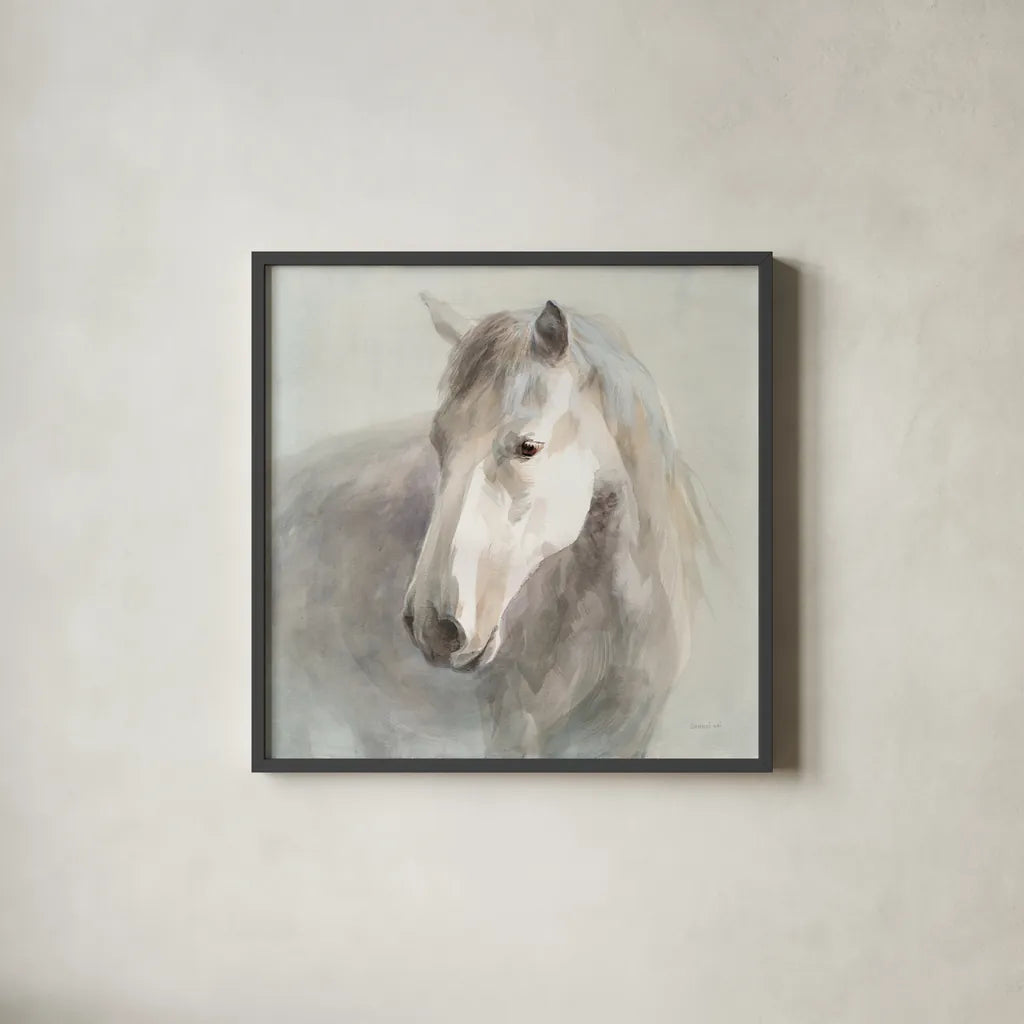Gentle Horse by Danhui Nai. Shown in a sleek black glass frame for a contemporary gallery look. Available as an archival giclee rolled canvas, fine art paper, or poster print. SKU 75566a.
