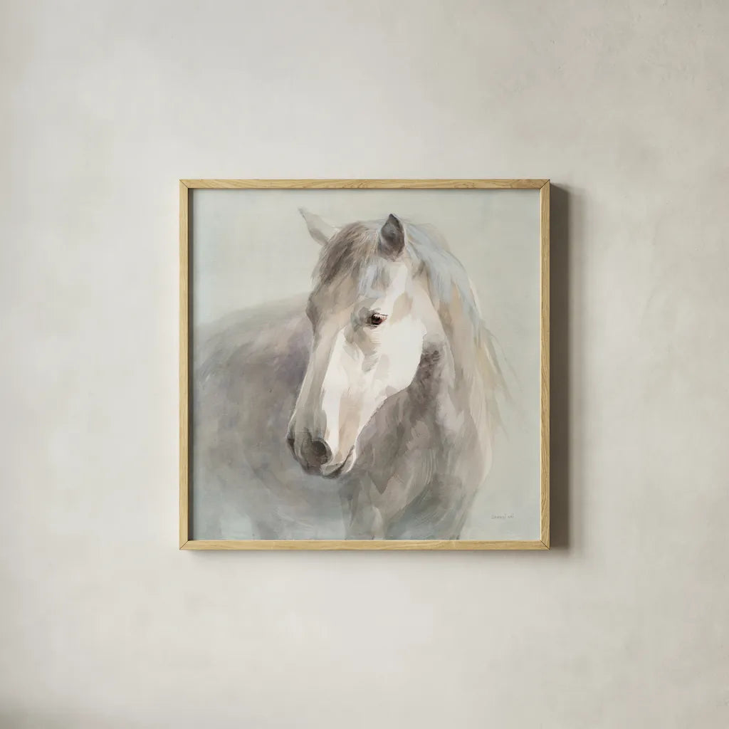 Gentle Horse by Danhui Nai. Shown in a natural wood glass frame for a timeless modern aesthetic. Available as an archival giclee rolled canvas, fine art paper, or poster print. SKU 75566a.