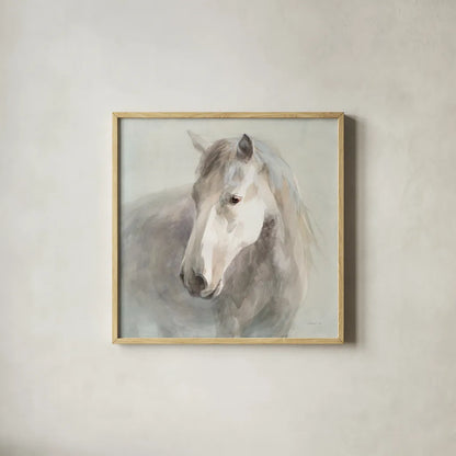 Gentle Horse by Danhui Nai. Shown in a natural wood glass frame for a timeless modern aesthetic. Available as an archival giclee rolled canvas, fine art paper, or poster print. SKU 75566a.