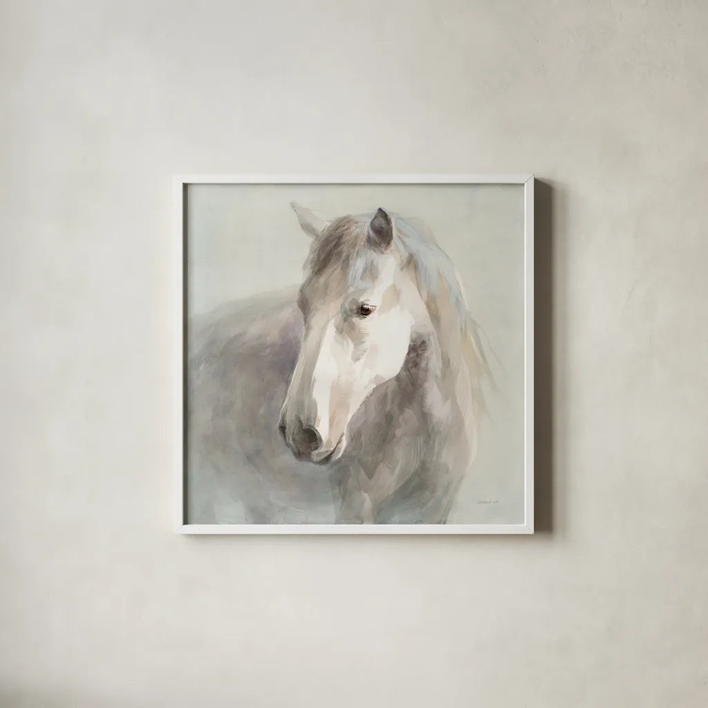 Gentle Horse by Danhui Nai. Shown in a crisp white glass frame for a clean and minimalist style. Available as an archival giclee rolled canvas, fine art paper, or poster print. SKU 75566a.