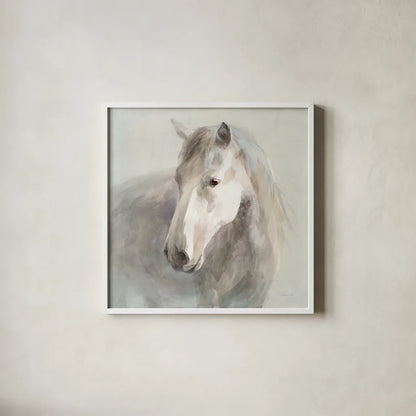 Gentle Horse by Danhui Nai. Shown in a crisp white glass frame for a clean and minimalist style. Available as an archival giclee rolled canvas, fine art paper, or poster print. SKU 75566a.