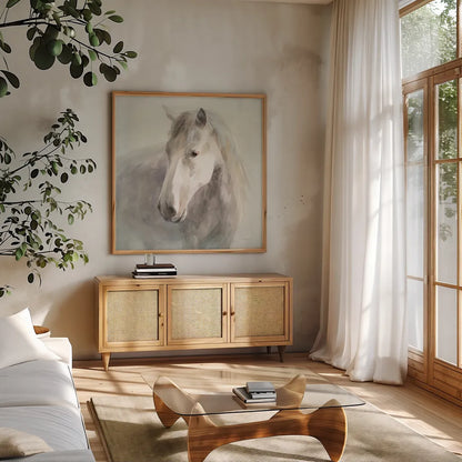 Gentle Horse by Danhui Nai. Shown in a natural wood frame in a cozy modern living room. Available as an archival giclee rolled canvas, fine art paper, or poster print. SKU 75566a.