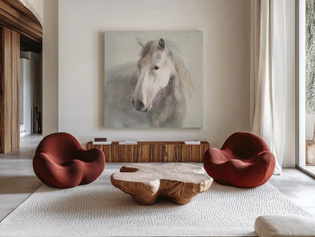 Gentle Horse by Danhui Nai. Shown as extra-large giant wall art in a modern living room. Available as an archival giclee rolled canvas, fine art paper, or poster print. SKU 75566a.