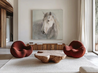 Gentle Horse by Danhui Nai. Shown as extra-large giant wall art in a modern living room. Available as an archival giclee rolled canvas, fine art paper, or poster print. SKU 75566a.