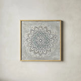 Gentle Mandala by Danhui Nai. Shown in a natural wood glass frame for a timeless modern aesthetic. Available as an archival giclee rolled canvas, fine art paper, or poster print. SKU 86228a.