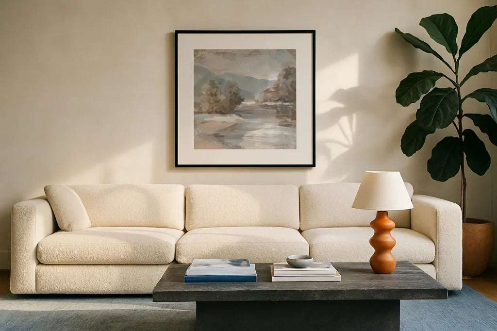 Gentle Valley by Danhui Nai. Displayed in a glass frame with matte in a clean modern living room. Available as an archival giclee rolled canvas, fine art paper, or poster print. SKU 84442a.