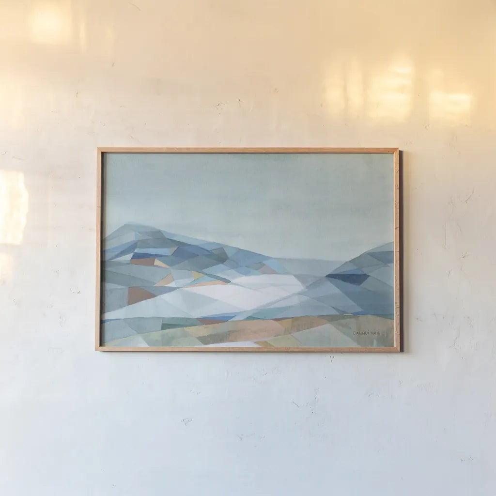 Geometric Mountain by Danhui Nai. shown as a paper print in a natural frame. Available as a archival giclee rolled canvas, fine art paper, or poster print. SKU 64051i.