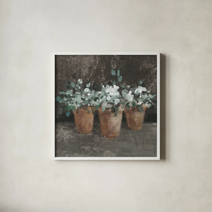 Geranium Glory II by Danhui Nai. Shown in a crisp white glass frame for a clean and minimalist style. Available as an archival giclee rolled canvas, fine art paper, or poster print. SKU 84145a.