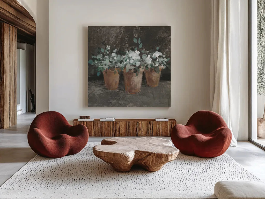 Geranium Glory II by Danhui Nai. Shown as extra-large giant wall art in a modern living room. Available as an archival giclee rolled canvas, fine art paper, or poster print. SKU 84145a.