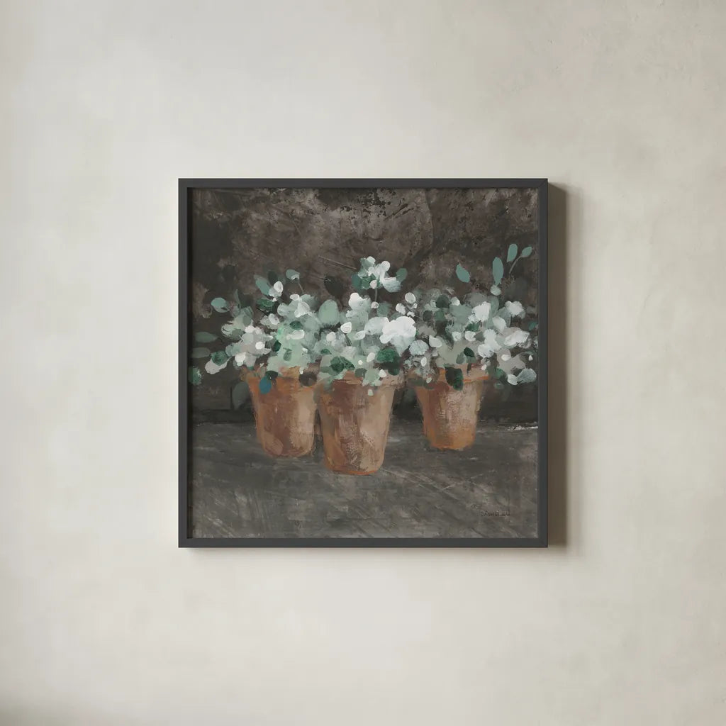 Geranium Glory III by Danhui Nai. Shown in a sleek black glass frame for a contemporary gallery look. Available as an archival giclee rolled canvas, fine art paper, or poster print. SKU 84146a.