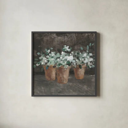 Geranium Glory III by Danhui Nai. Shown in a sleek black glass frame for a contemporary gallery look. Available as an archival giclee rolled canvas, fine art paper, or poster print. SKU 84146a.
