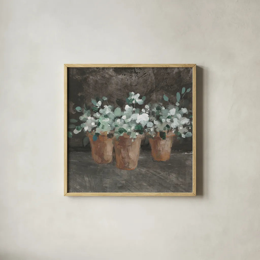 Geranium Glory III by Danhui Nai. Shown in a natural wood glass frame for a timeless modern aesthetic. Available as an archival giclee rolled canvas, fine art paper, or poster print. SKU 84146a.