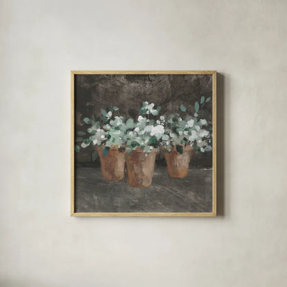 Geranium Glory III by Danhui Nai. Shown in a natural wood glass frame for a timeless modern aesthetic. Available as an archival giclee rolled canvas, fine art paper, or poster print. SKU 84146a.