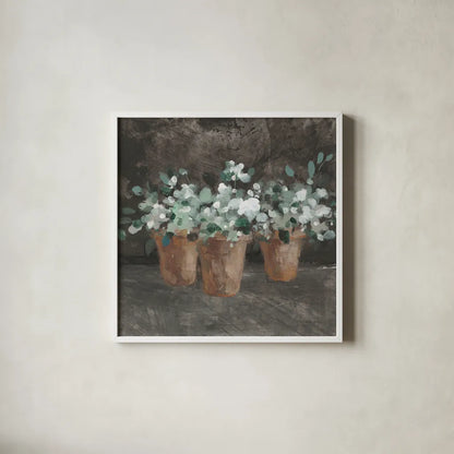 Geranium Glory III by Danhui Nai. Shown in a crisp white glass frame for a clean and minimalist style. Available as an archival giclee rolled canvas, fine art paper, or poster print. SKU 84146a.