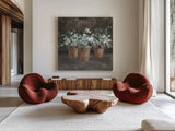 Geranium Glory III by Danhui Nai. Shown as extra-large giant wall art in a modern living room. Available as an archival giclee rolled canvas, fine art paper, or poster print. SKU 84146a.