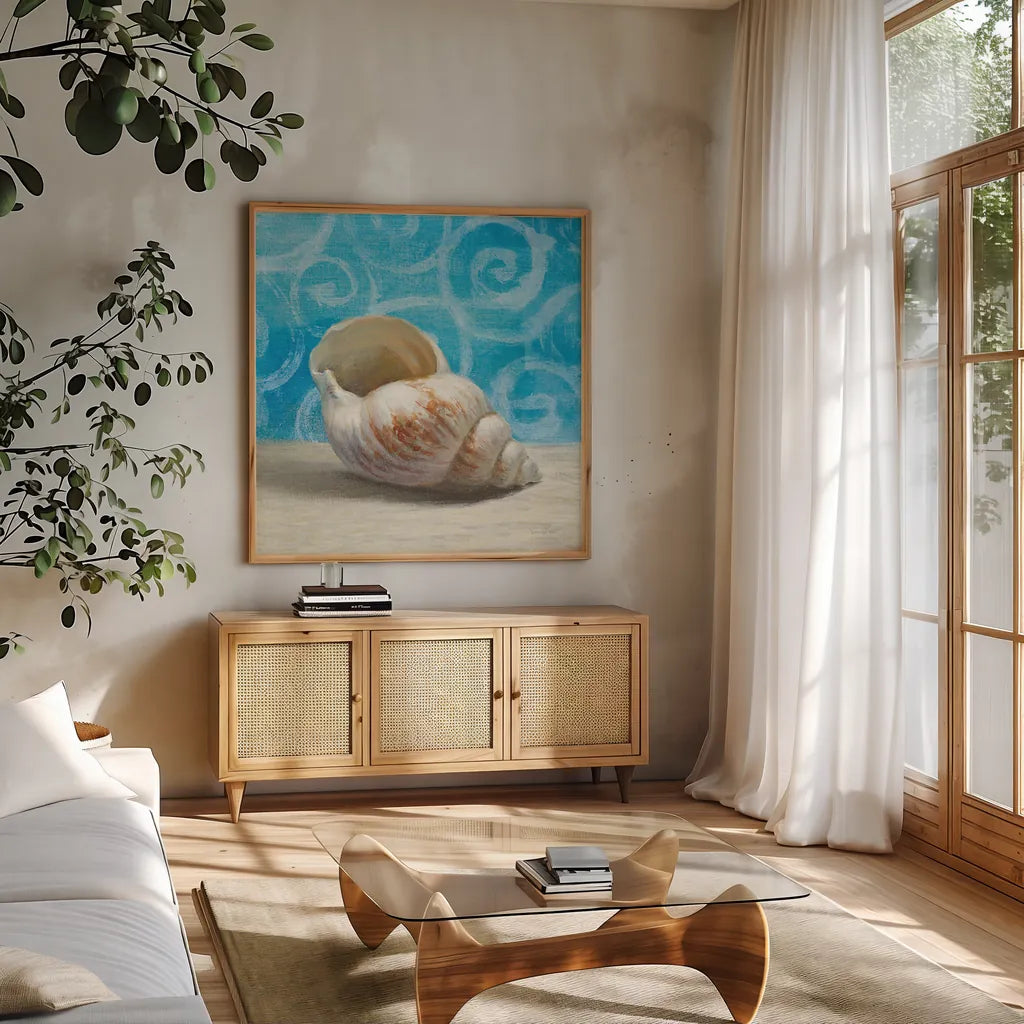 Gift from the Sea I by Danhui Nai. Shown in a natural wood frame in a cozy modern living room. Available as an archival giclee rolled canvas, fine art paper, or poster print. SKU 5247a.