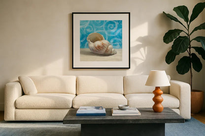 Gift from the Sea I by Danhui Nai. Displayed in a glass frame with matte in a clean modern living room. Available as an archival giclee rolled canvas, fine art paper, or poster print. SKU 5247a.