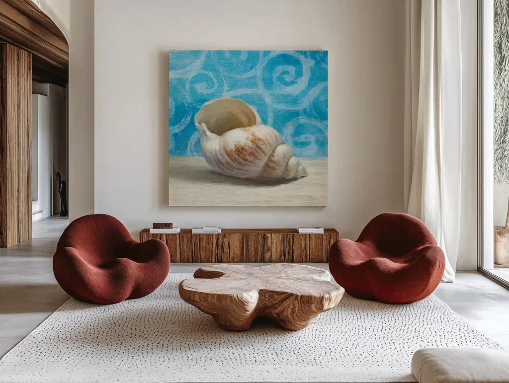 Gift from the Sea I by Danhui Nai. Shown as extra-large giant wall art in a modern living room. Available as an archival giclee rolled canvas, fine art paper, or poster print. SKU 5247a.