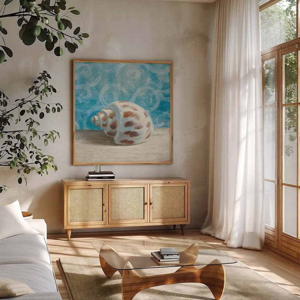 Gift from the Sea II by Danhui Nai. Shown in a natural wood frame in a cozy modern living room. Available as an archival giclee rolled canvas, fine art paper, or poster print. SKU 5248a.