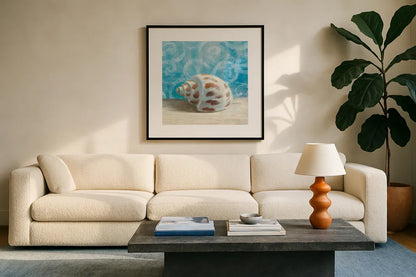 Gift from the Sea II by Danhui Nai. Displayed in a glass frame with matte in a clean modern living room. Available as an archival giclee rolled canvas, fine art paper, or poster print. SKU 5248a.