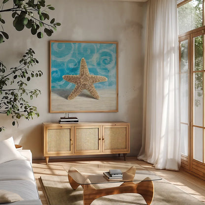 Gift from the Sea III by Danhui Nai. Shown in a natural wood frame in a cozy modern living room. Available as an archival giclee rolled canvas, fine art paper, or poster print. SKU 5249a.