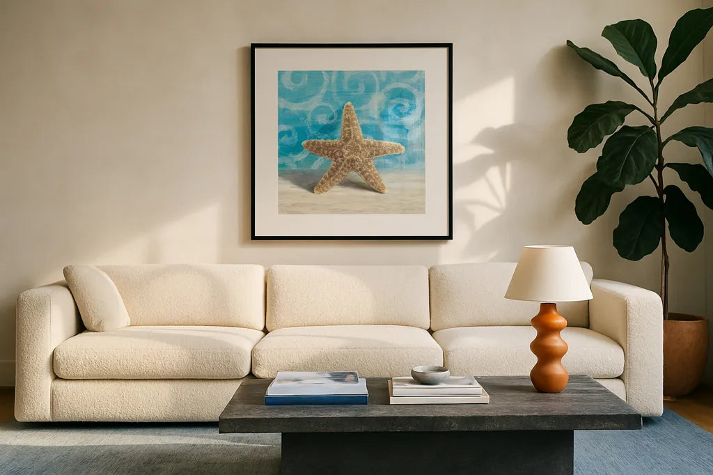 Gift from the Sea III by Danhui Nai. Displayed in a glass frame with matte in a clean modern living room. Available as an archival giclee rolled canvas, fine art paper, or poster print. SKU 5249a.