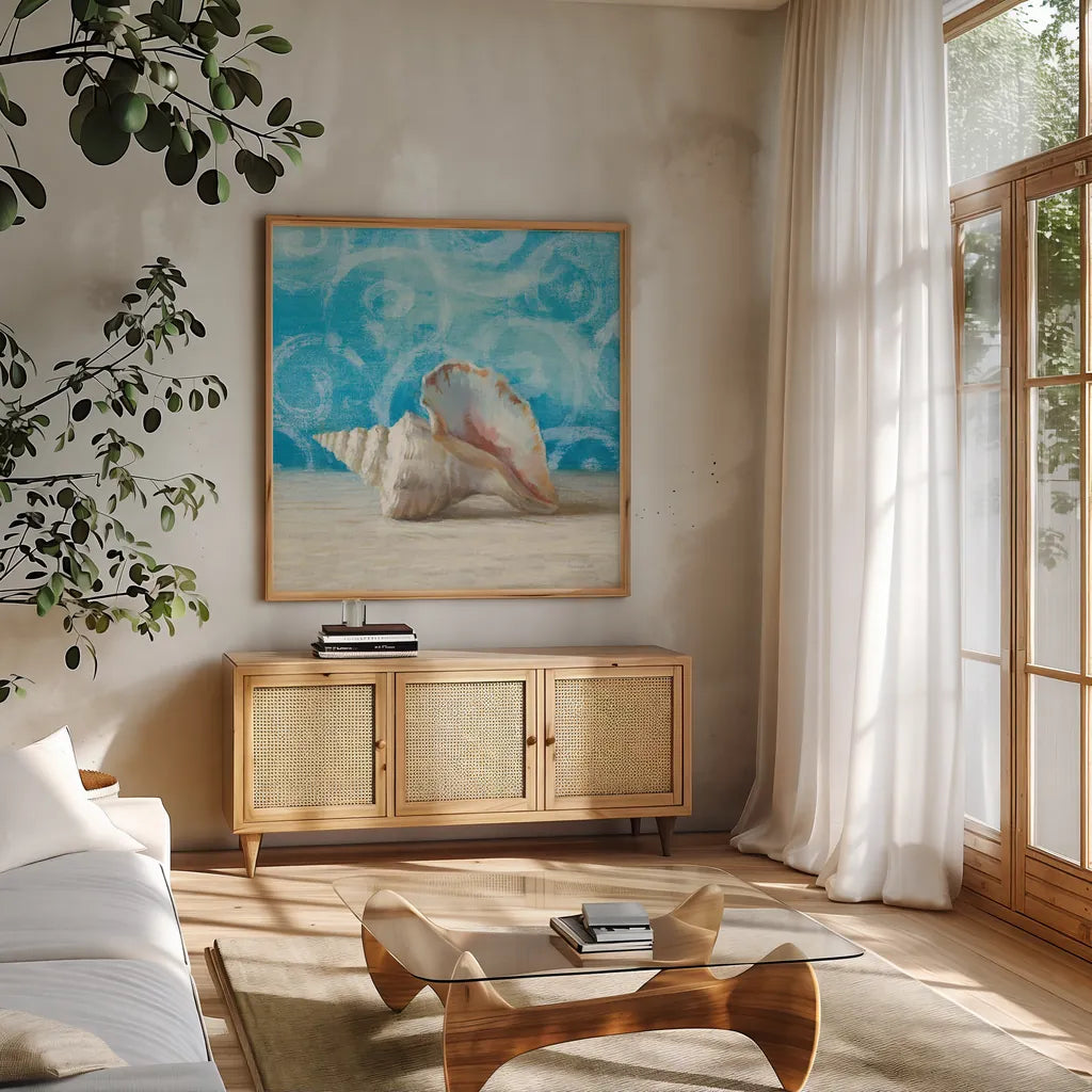 Gift from the Sea IV by Danhui Nai. Shown in a natural wood frame in a cozy modern living room. Available as an archival giclee rolled canvas, fine art paper, or poster print. SKU 5250a.