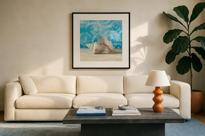 Gift from the Sea IV by Danhui Nai. Displayed in a glass frame with matte in a clean modern living room. Available as an archival giclee rolled canvas, fine art paper, or poster print. SKU 5250a.