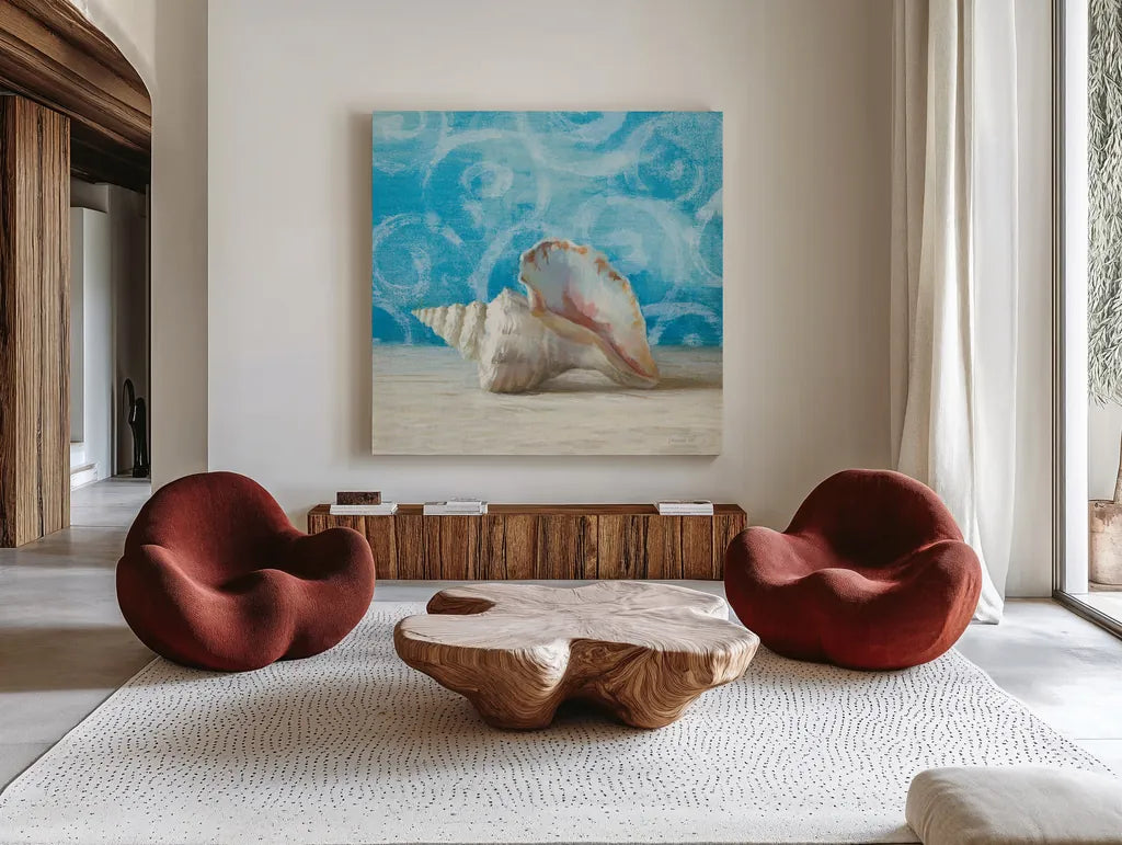 Gift from the Sea IV by Danhui Nai. Shown as extra-large giant wall art in a modern living room. Available as an archival giclee rolled canvas, fine art paper, or poster print. SKU 5250a.