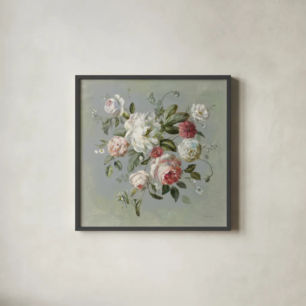 Gifts from the Garden I by Danhui Nai. Shown in a sleek black glass frame for a contemporary gallery look. Available as an archival giclee rolled canvas, fine art paper, or poster print. SKU 59652a.