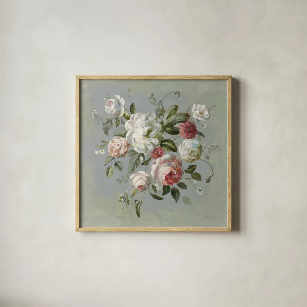 Gifts from the Garden I by Danhui Nai. Shown in a natural wood glass frame for a timeless modern aesthetic. Available as an archival giclee rolled canvas, fine art paper, or poster print. SKU 59652a.