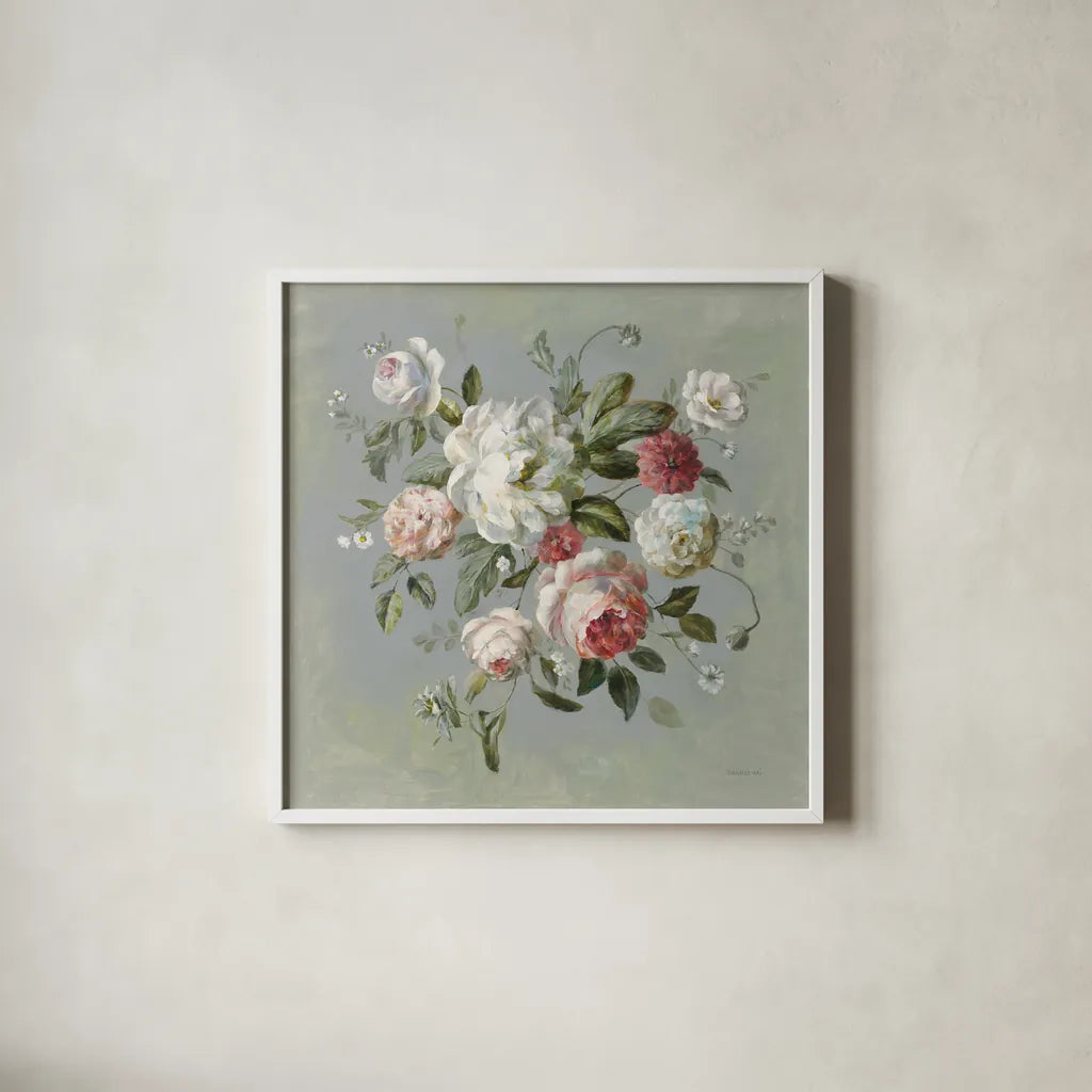 Gifts from the Garden I by Danhui Nai. Shown in a crisp white glass frame for a clean and minimalist style. Available as an archival giclee rolled canvas, fine art paper, or poster print. SKU 59652a.