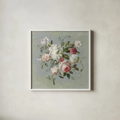 Gifts from the Garden I by Danhui Nai. Shown in a crisp white glass frame for a clean and minimalist style. Available as an archival giclee rolled canvas, fine art paper, or poster print. SKU 59652a.