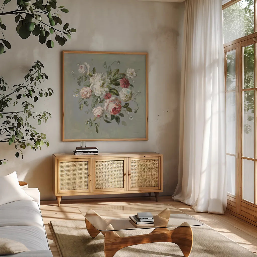 Gifts from the Garden I by Danhui Nai. Shown in a natural wood frame in a cozy modern living room. Available as an archival giclee rolled canvas, fine art paper, or poster print. SKU 59652a.