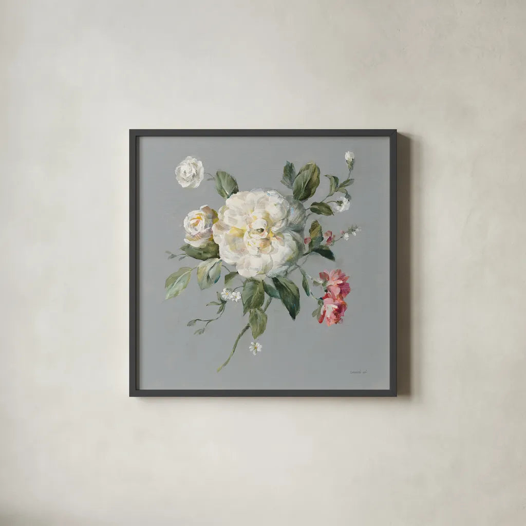 Gifts from the Garden III by Danhui Nai. Shown in a sleek black glass frame for a contemporary gallery look. Available as an archival giclee rolled canvas, fine art paper, or poster print. SKU 59654a.