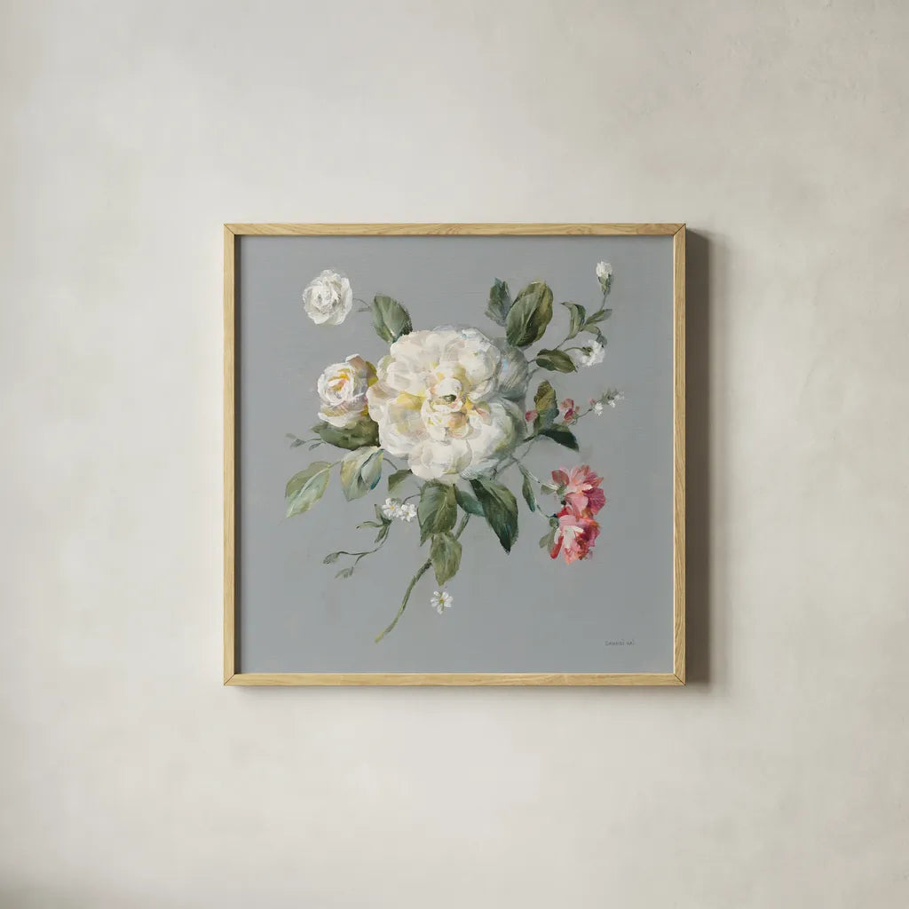Gifts from the Garden III by Danhui Nai. Shown in a natural wood glass frame for a timeless modern aesthetic. Available as an archival giclee rolled canvas, fine art paper, or poster print. SKU 59654a.