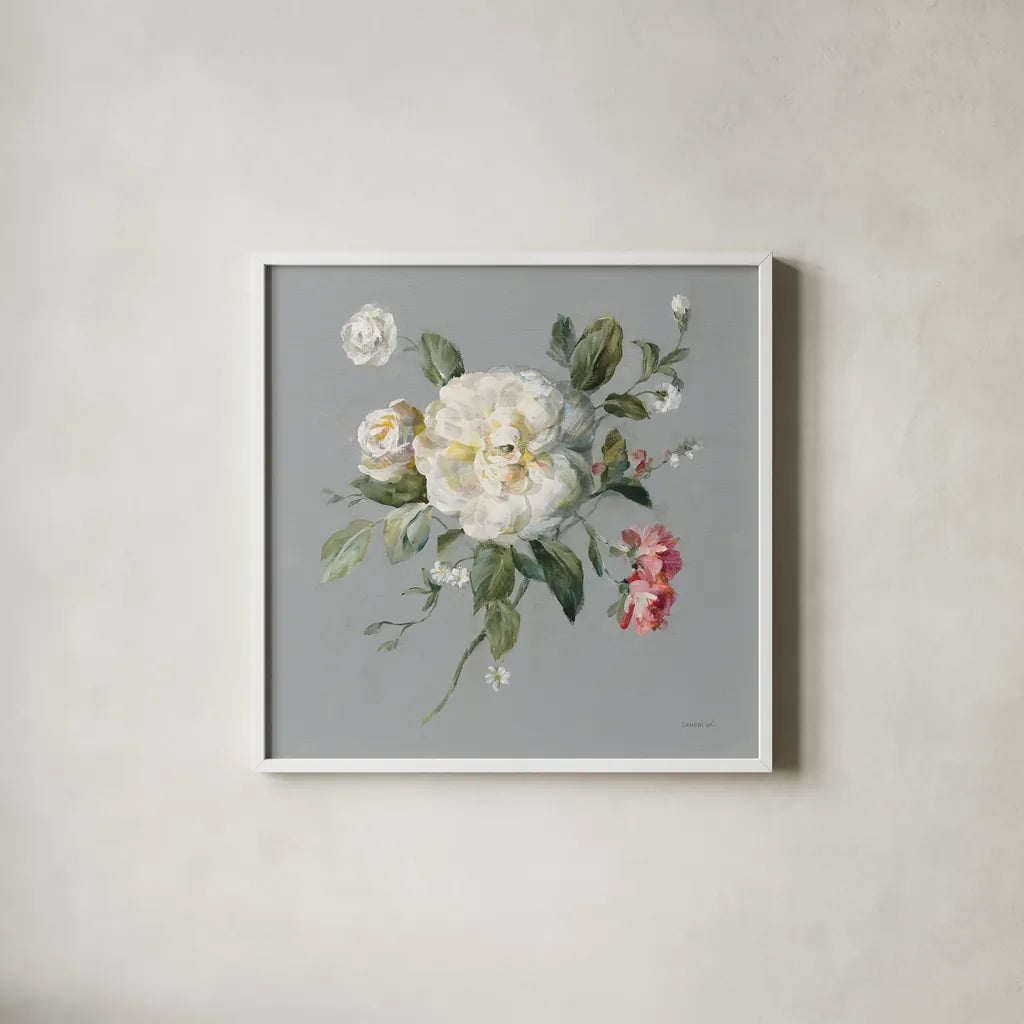 Gifts from the Garden III by Danhui Nai. Shown in a crisp white glass frame for a clean and minimalist style. Available as an archival giclee rolled canvas, fine art paper, or poster print. SKU 59654a.