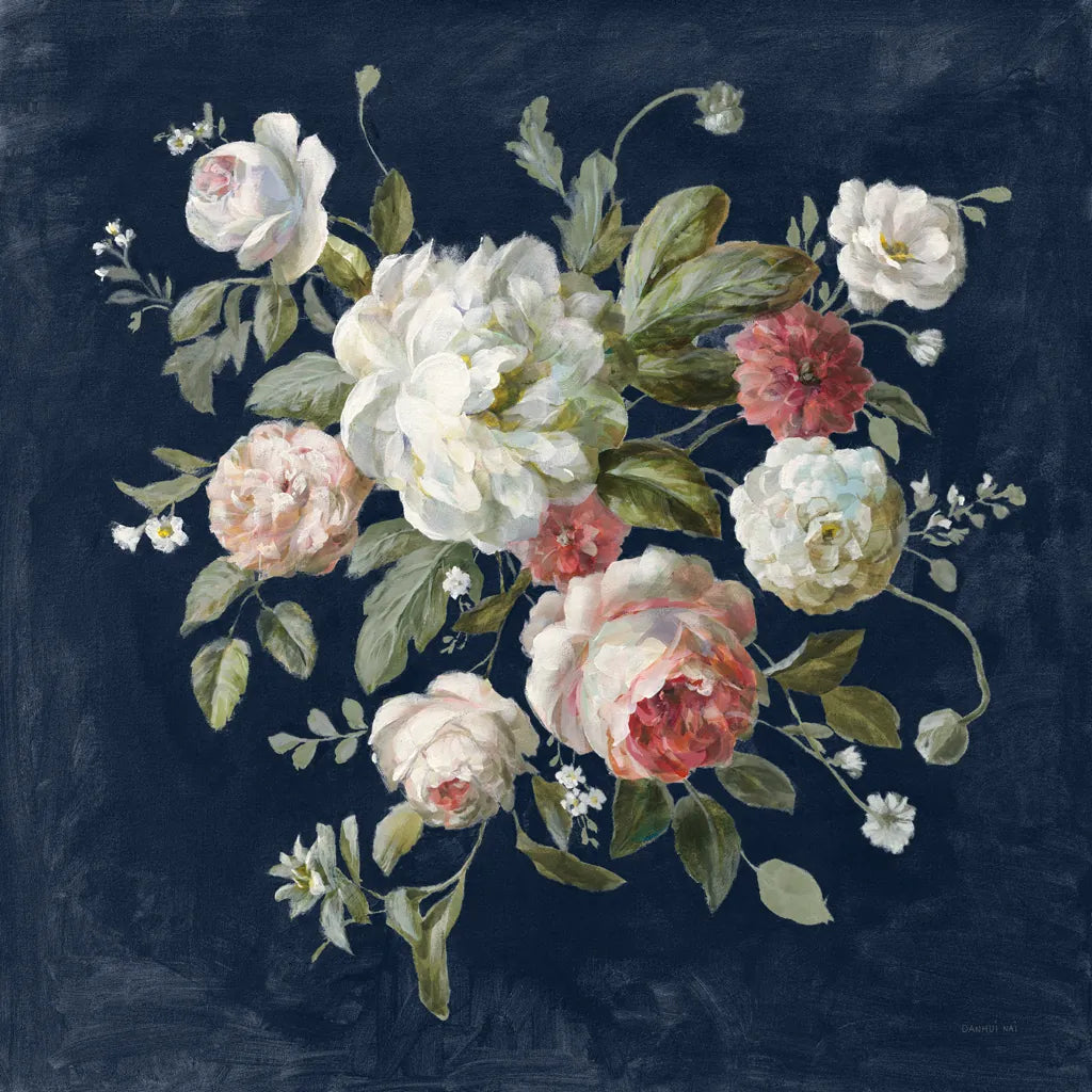 Gifts from the Garden Navy by Danhui Nai. SKU 61890a. Archival Giclee Fine art print for wall decor.
