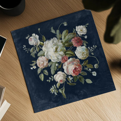 Gifts from the Garden Navy by Danhui Nai. Shown as a detailed flat fine art print, highlighting archival giclee quality. Available as an archival giclee rolled canvas, fine art paper, or poster print. SKU 61890a.