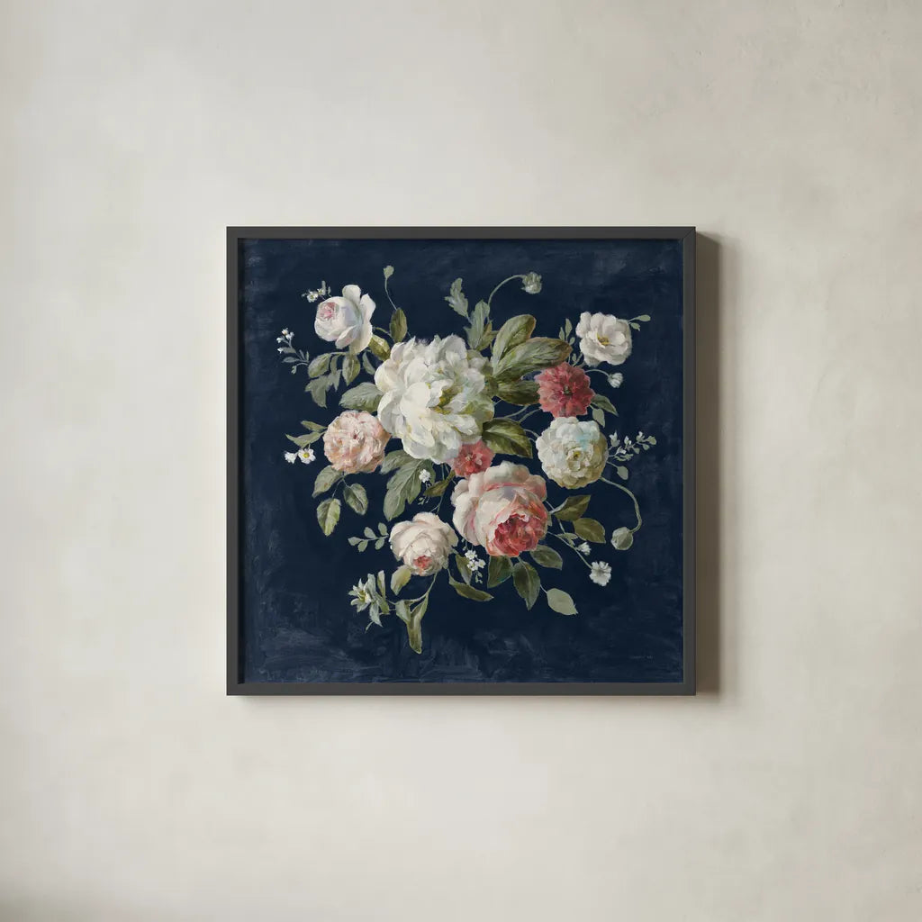 Gifts from the Garden Navy by Danhui Nai. Shown in a sleek black glass frame for a contemporary gallery look. Available as an archival giclee rolled canvas, fine art paper, or poster print. SKU 61890a.