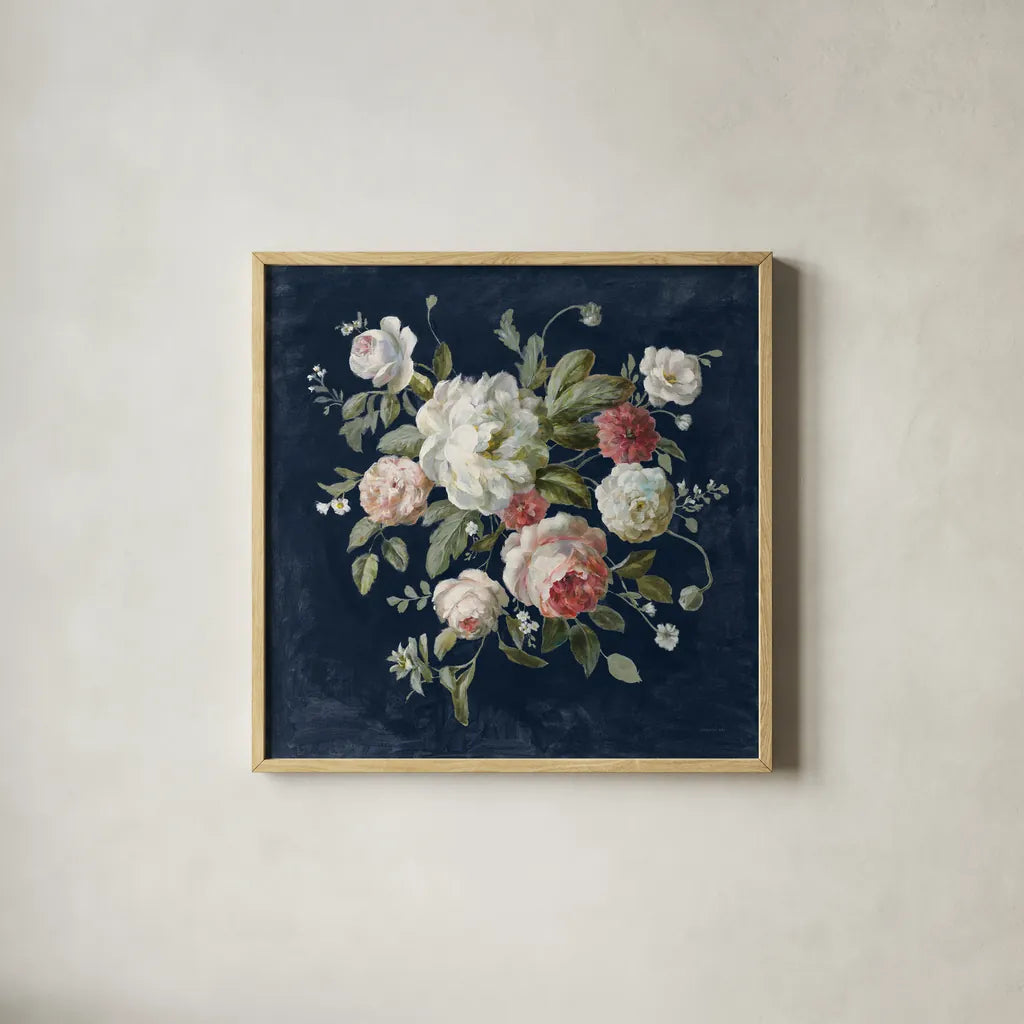 Gifts from the Garden Navy by Danhui Nai. Shown in a natural wood glass frame for a timeless modern aesthetic. Available as an archival giclee rolled canvas, fine art paper, or poster print. SKU 61890a.