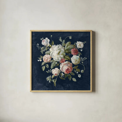 Gifts from the Garden Navy by Danhui Nai. Shown in a natural wood glass frame for a timeless modern aesthetic. Available as an archival giclee rolled canvas, fine art paper, or poster print. SKU 61890a.