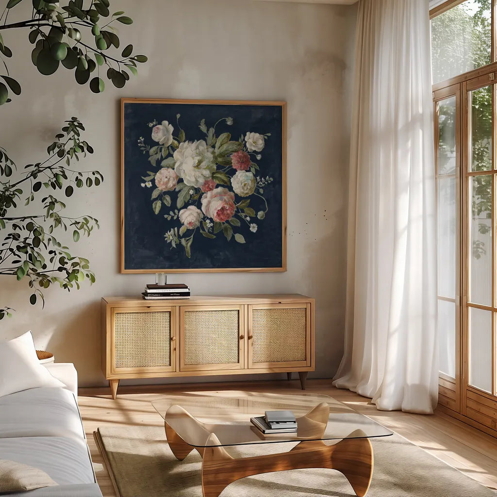 Gifts from the Garden Navy by Danhui Nai. Shown in a natural wood frame in a cozy modern living room. Available as an archival giclee rolled canvas, fine art paper, or poster print. SKU 61890a.