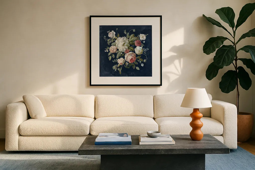 Gifts from the Garden Navy by Danhui Nai. Displayed in a glass frame with matte in a clean modern living room. Available as an archival giclee rolled canvas, fine art paper, or poster print. SKU 61890a.